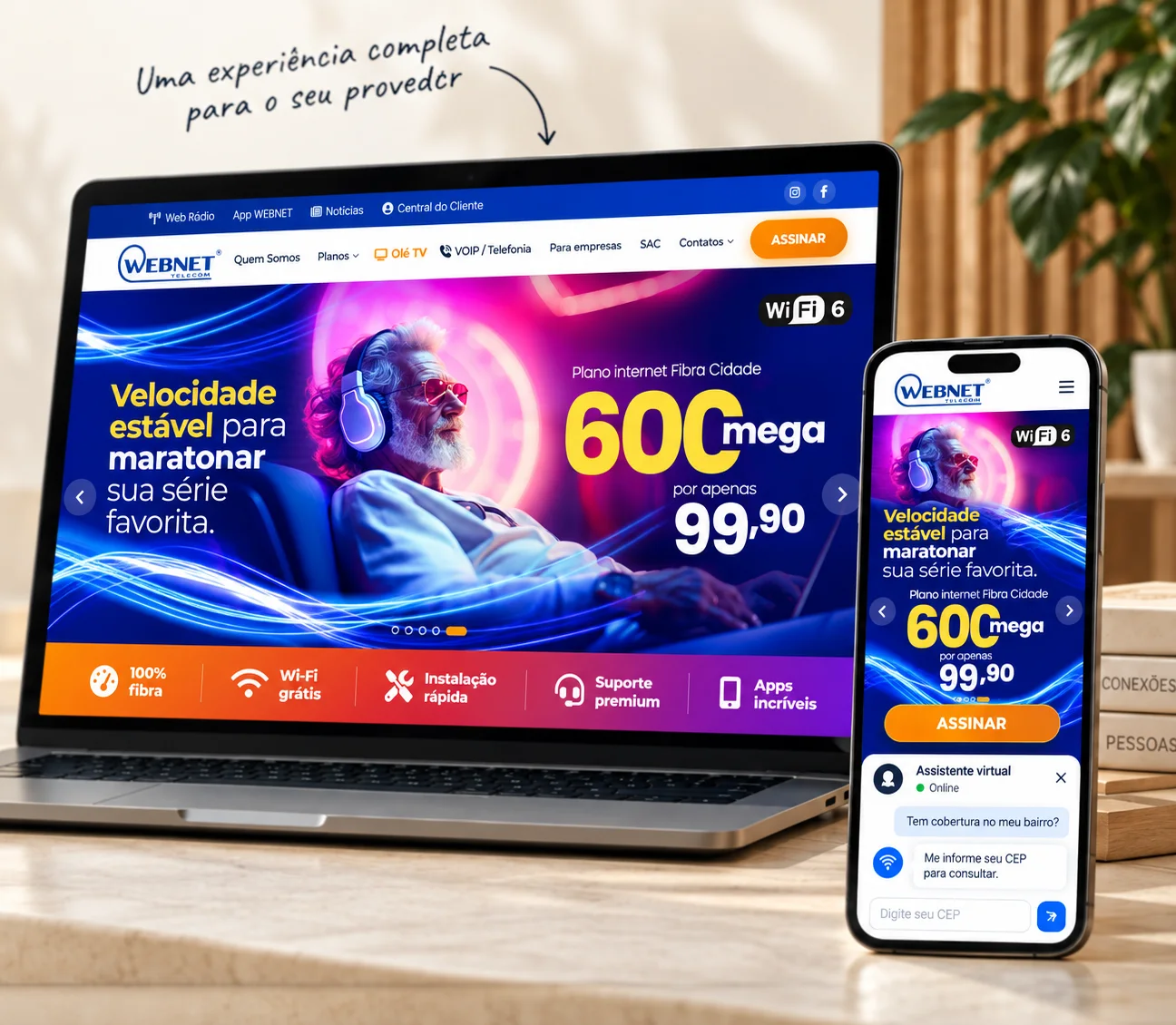 Exemplo de site para provedor de internet no notebook e no celular, com assistente virtual consultando cobertura por CEP